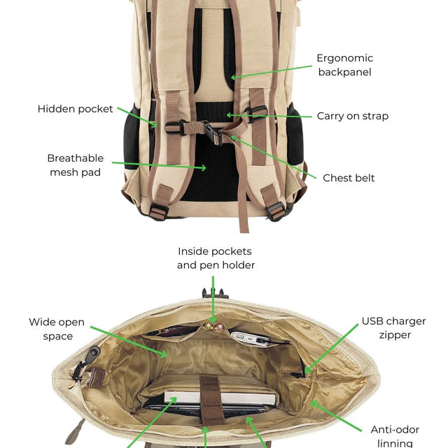 Hemp Backpack in Beige and Green 15L